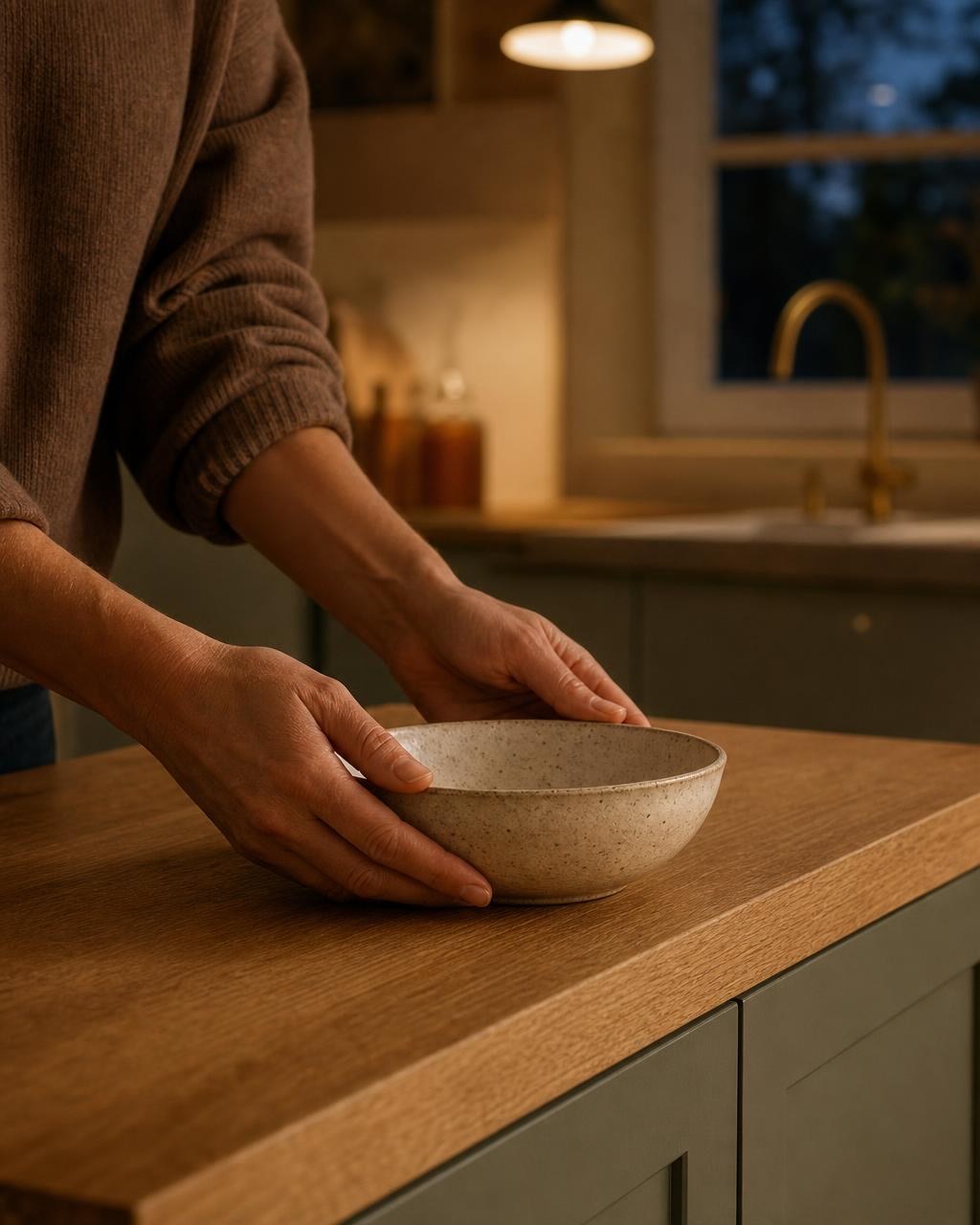 Cuisine posée, mains sur un plan de travail en chêne au soir