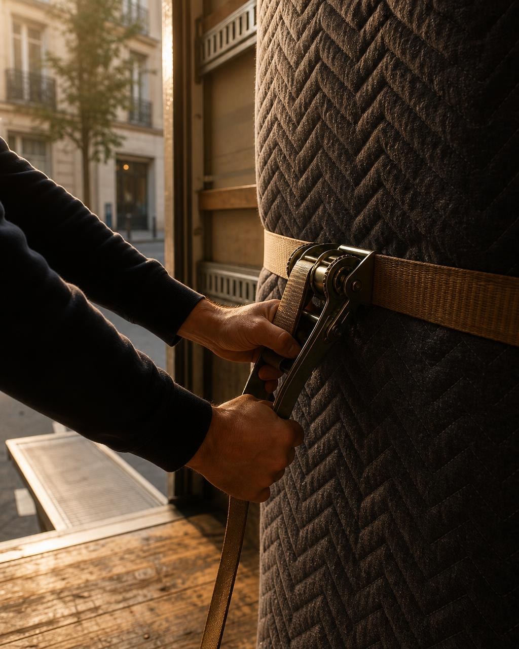 Déménageur sanglant un meuble dans un camion au petit matin