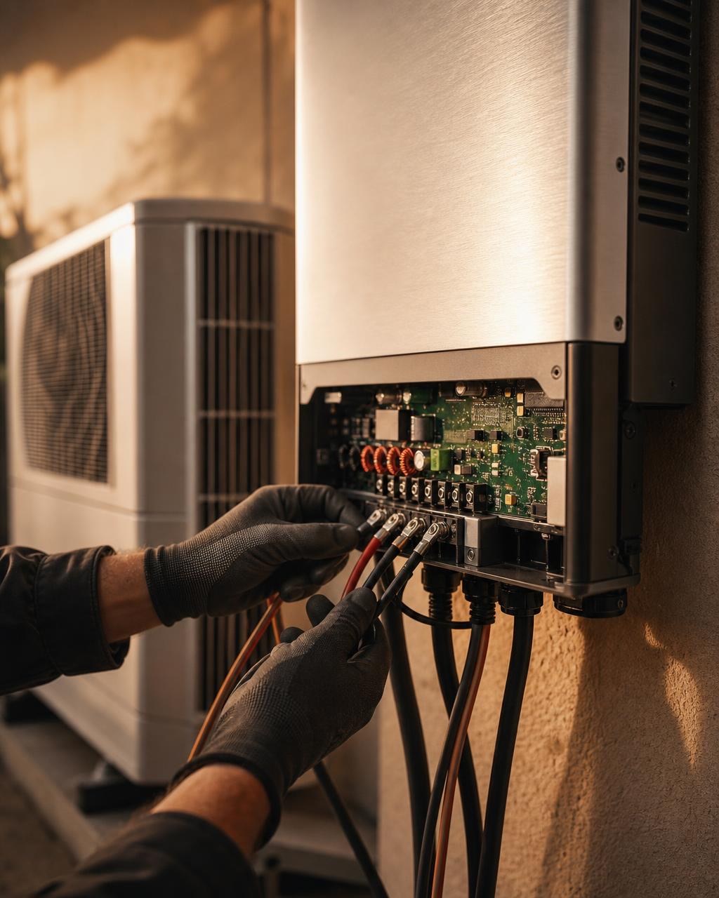Installateur raccordant un onduleur solaire devant une pompe à chaleur